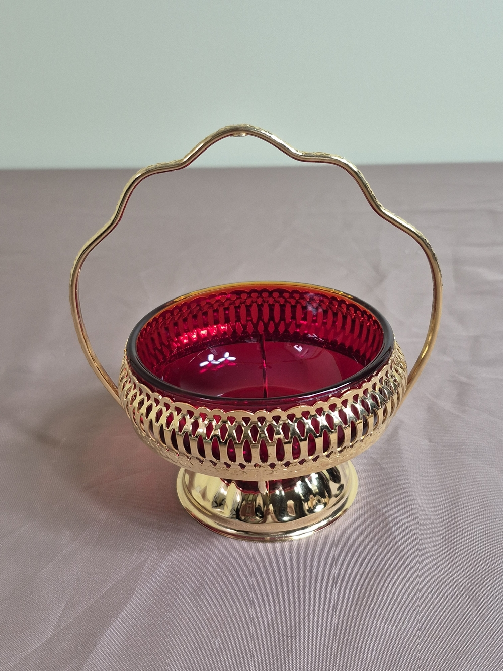 Vintage Mayell England Gold-Tone Basket Ruby Red Glass Sugar Bowl